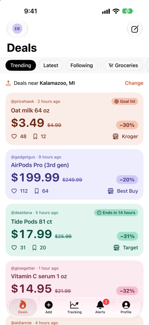 Deals feed showing local deals on oat milk, AirPods Pro and Tide Pods with discounts and likes